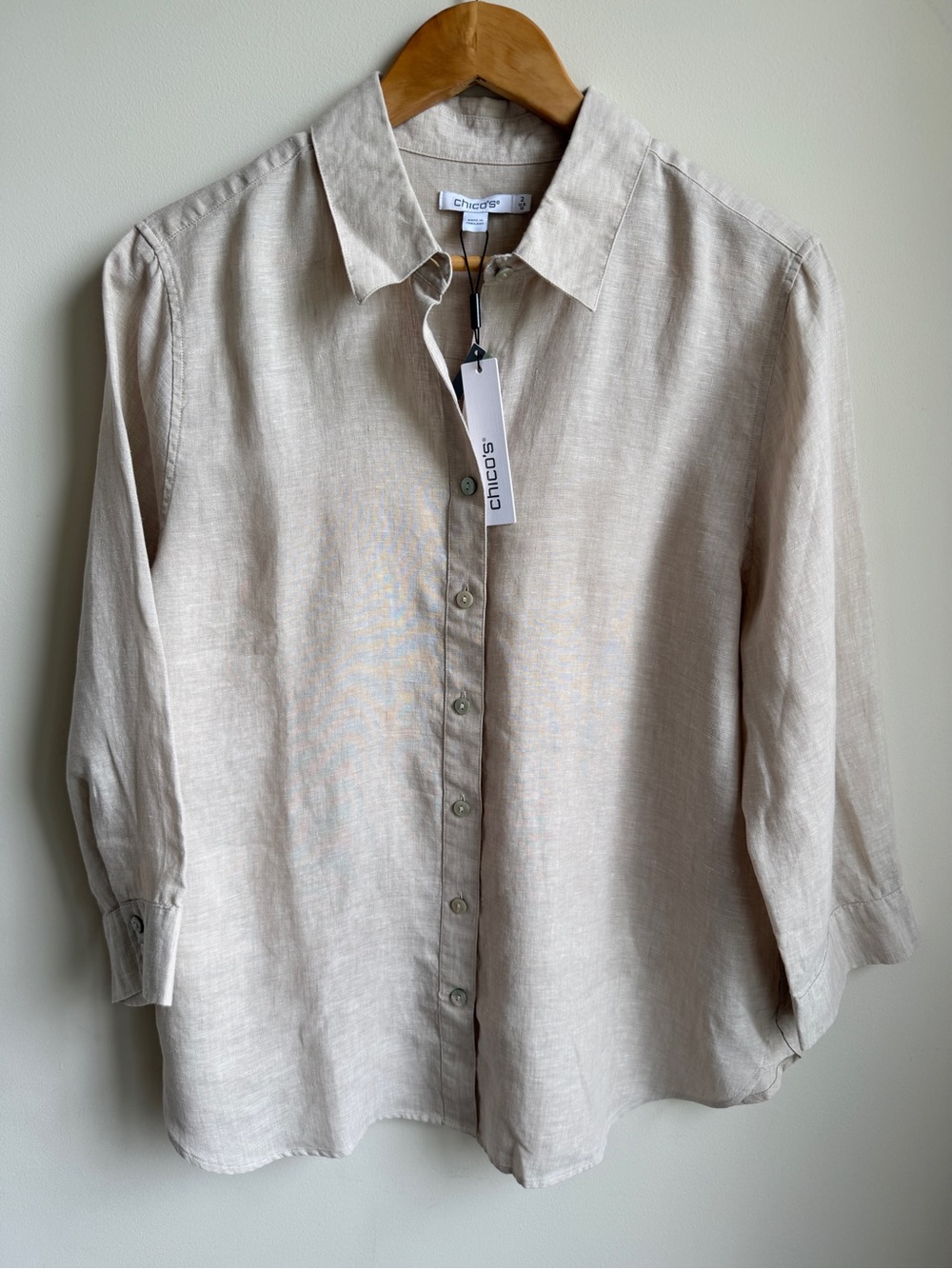 Chicos 100% Linen No Iron Button Down 3/4 Sleeve Shirt Oatmeal New Size 2/12